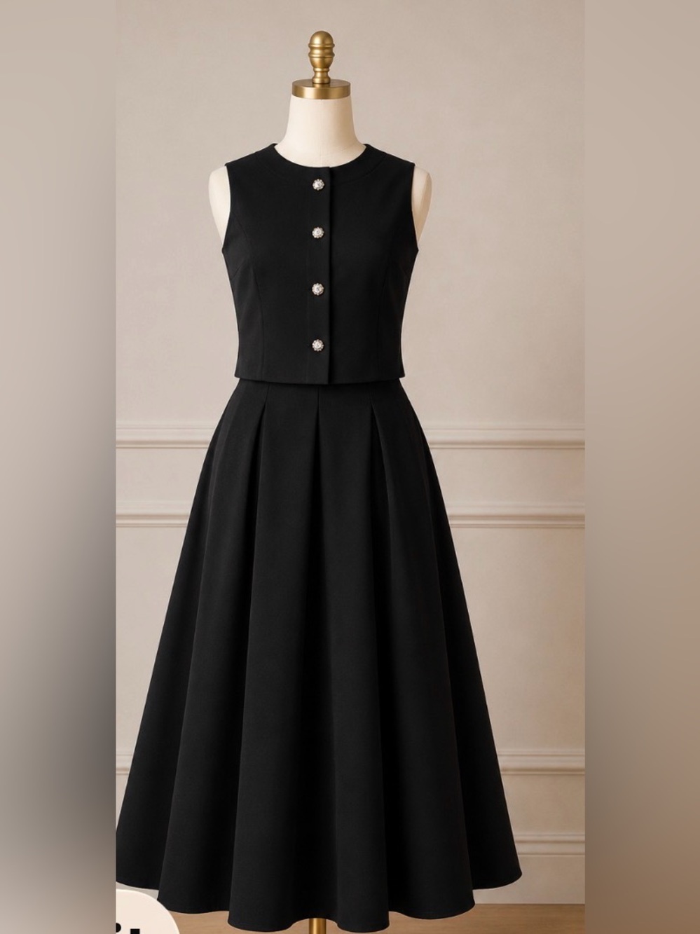 VENUS Black Sleeveless Vintage-Inspired Midi Skirt Set